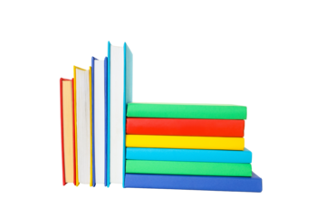 Stack of colorful books arranged neatly for school, isolated, PNG
