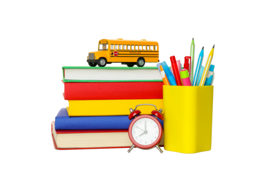 Books, a toy bus, and bright supplies, isolated on white, PNG