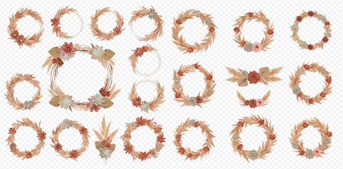 A collection of watercolor boho wreaths and frames with dried pampas grass, flowers, and leaves in earthy tones.
