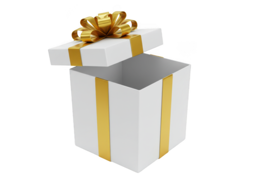 Open white gift box with gold ribbon isolated on transparent background
