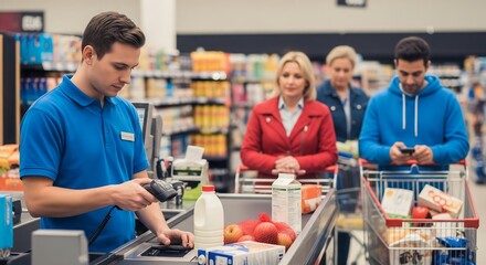 Grocery store checkout. Cashier scans items for customers in line. Trolleys with groceries are visible. People waiting.