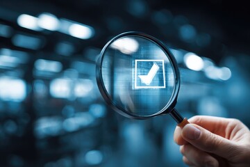 Magnifying glass focuses on a checkmark symbol