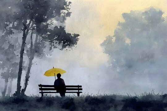 Watercolor Silhouette of Person on Park Bench with Umbrella, Generative AI