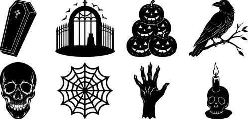 Set of Halloween silhouettes perfect for vector designs Vector illustration. Collection of Halloween vector elements