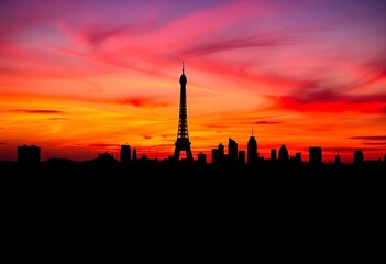 Paris skyline silhouette at sunset, iconic landmarks in black against a vibrant sky, graphic design, vector