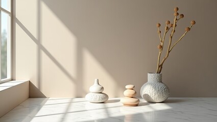 Beige room interior with decorative vases and natural elements.
