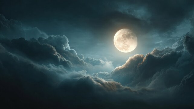 seamless loop of glowing moon and drifting night clouds, flying motion through dark sky, moonlight reflections, atmospheric dreamscape