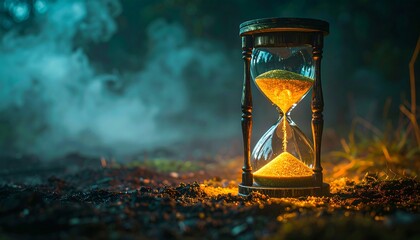 Hourglass in mystical forest scene