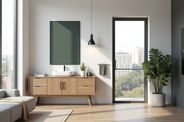 Modern bathroom interior design with city view.