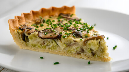 Delicious Leek and Mushroom Tart Slice on White Plate with Fresh Chives Garnish