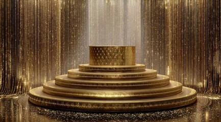 Naklejka premium Golden tiered podium, glittering backdrop
