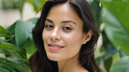 An attractive woman with dark hair and olive skin, standing in front of monstera plant leaves - Powered by Adobe