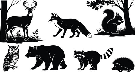 Obraz premium Charming forest animals collection featuring deer, fox, bear, owl, raccoon, squirrel, hedgehog