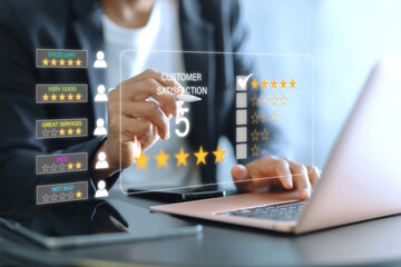 Customer review satisfaction feedback survey concept, User give rating to service experience on online application, Customer can evaluate quality of service leading to reputation ranking of business.