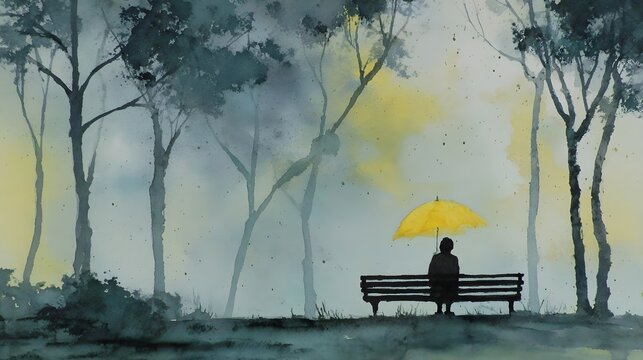 Watercolor Silhouette of Person on Park Bench with Umbrella, Generative AI