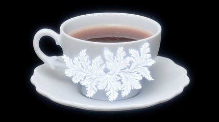 Fototapeta premium White porcelain teacup with brown liquid and a decorative white frosted leaf pattern on a black background