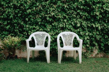 Two white plastic chairs facing each other in a garden