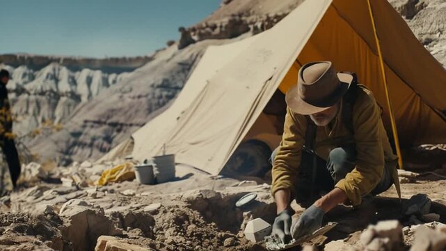 Paleontologist brushing dinosaur fossil in desert 4K Videos