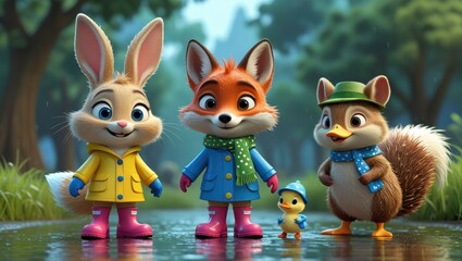Fototapeta premium hedgehog, rabbit, fox and duckling 