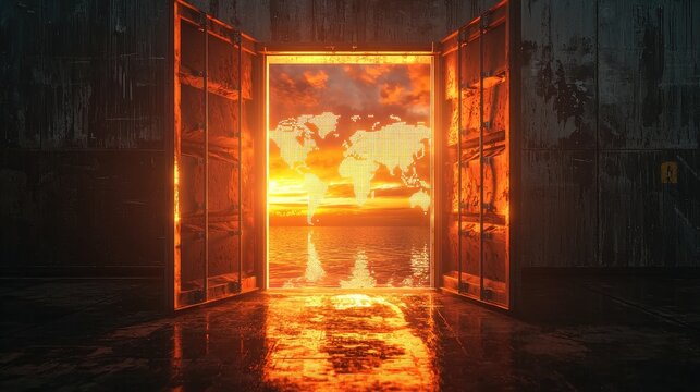 Un porte conteneur maritime avec en surimpression une carte mondiale avec des lights technologiques symbolisant les flux de logistique internationale. Belle lumi&Atilde;&uml;re, golden hour
