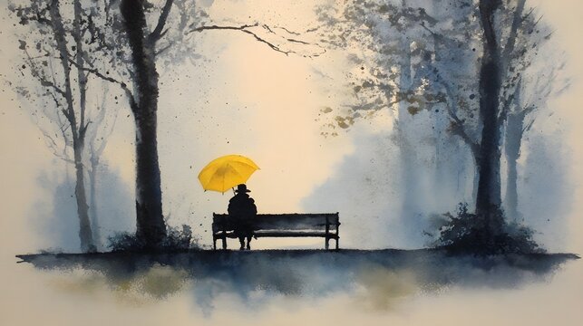 Watercolor Silhouette of Person on Park Bench with Umbrella, Generative AI