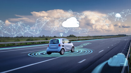 Obraz premium Smart car is speeding along highway, utilizing advanced technology for connectivity and navigation, surrounded by digital elements representing data flow and cloud computing