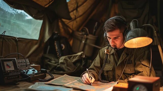 Radio Operator using vintage comms in war tent 4K Videos