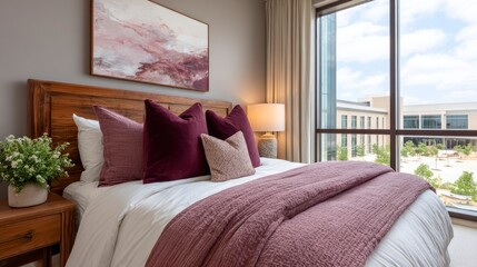 Bedroom with purple pillows plush bedding abstract art and a large window with a city view