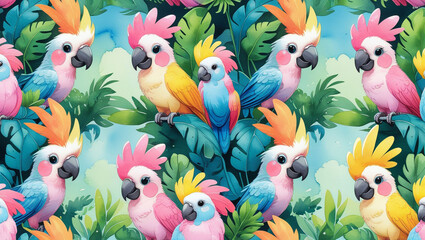 Obraz premium Colorful cockatoo parrot tropical bird pattern seamless jungle illustration exotic wildlife nature design art