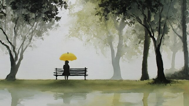 Watercolor Silhouette of Person on Park Bench with Umbrella, Generative AI