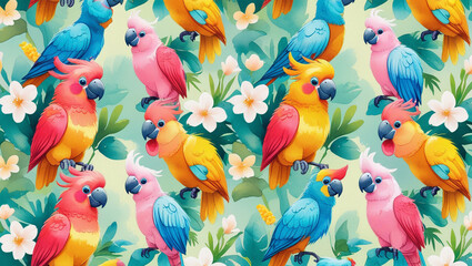 Colorful parrots tropical birds exotic fauna wildlife nature illustration wallpaper background design art