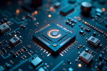 Obraz premium Closeup of Electronic Circuit Board with Central Processing Unit