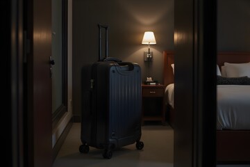 Suitcase in dark modern hotel room. Travel concept. 3d rendering.