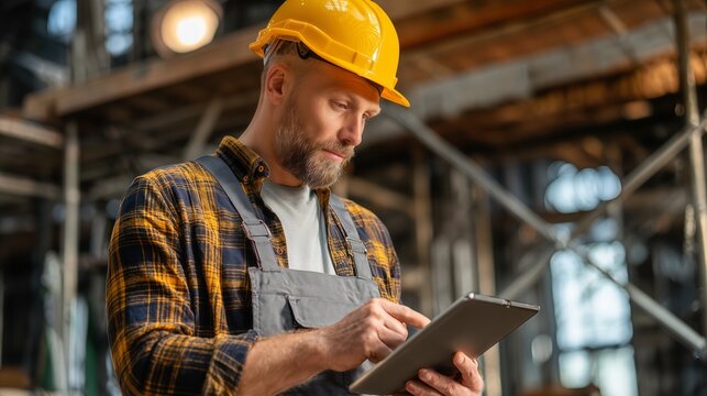A focused construction worker in a yellow hard hat reviewing paperwork. He is standing in a large industrial building, possibly a warehouse or factory.