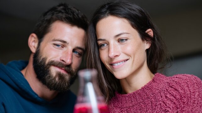 Couple sharing a moment looking at a glass bottle with a red drink relationship