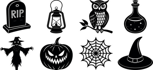 Set of Halloween silhouettes perfect for vector designs Vector illustration. Collection of Halloween vector elements
