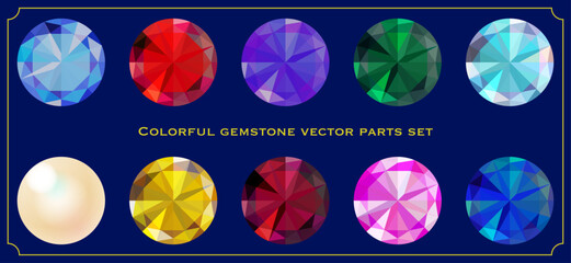 高級感あふれるカラフルな宝石ベクターセット｜ダイアモンド,ルビー,アメジスト,エメラルド,アクアマリン,パール,イエロートパーズ,ガーネット,ピンクトルマリン,ブルーサファイヤ