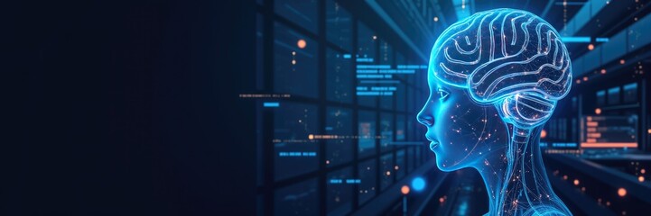 Obraz premium Profile view of a digital representation of a human head with a brain and data displays.