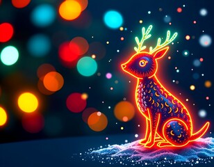 A whimsical depiction of a neon reindeer in a festive atmosphere, highlighted with an array of colorful bokeh lights. The vibrant colors and artistic elements capture the holiday spirit