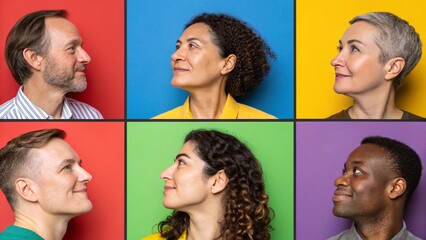 Close Up Portrait Grid with Different Colored Backgrounds Symbolizing the Concept of Diversity