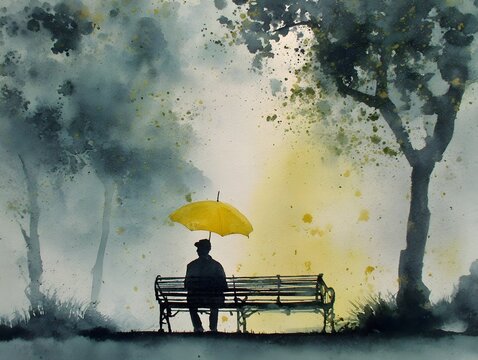 Watercolor Silhouette of Person on Park Bench with Umbrella, Generative AI