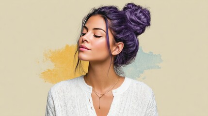 Trendy Young Woman with Purple Hair in Relaxed Pose Against Artistic Background