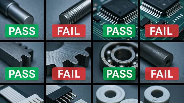 AI processing industry production ensures quality control with pass and fail results for mechanical and electronic components during efficient