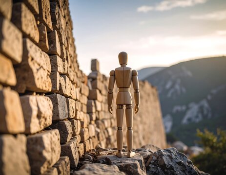 Despairing Wooden Figurine Standing at the Base of an Unconquerable Wall