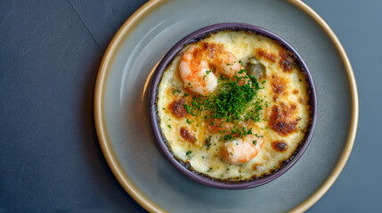 Delicious Seafood Gratin Dish with Shrimp and Green Herbs Served on a Decorative Plate