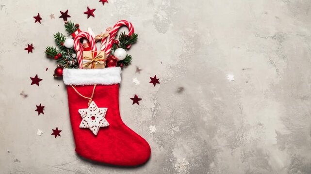 Red stocking stuffed with Christmas goodies, star confetti backdrop