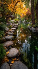 Autumnal Japanese garden path by a calm stream