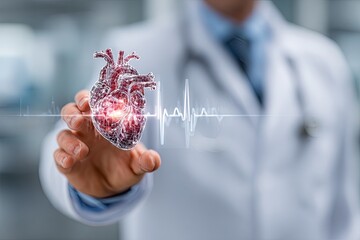 Doctor's hand holding a 3D heart model, overlaid with EKG