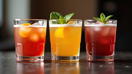 Fototapeta premium Three colorful cocktails on a bar surface.