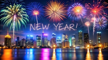 New year s eve fireworks over a city skyline